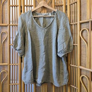 Gauze Cotton Green Puff Sleeve Top